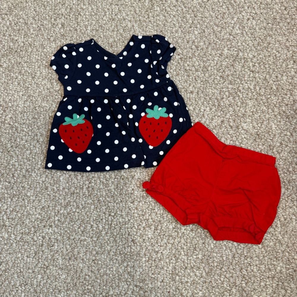 Carters Baby Girls Size 12 Months‎ Strawberry Polka Dot Top and Shorts Set